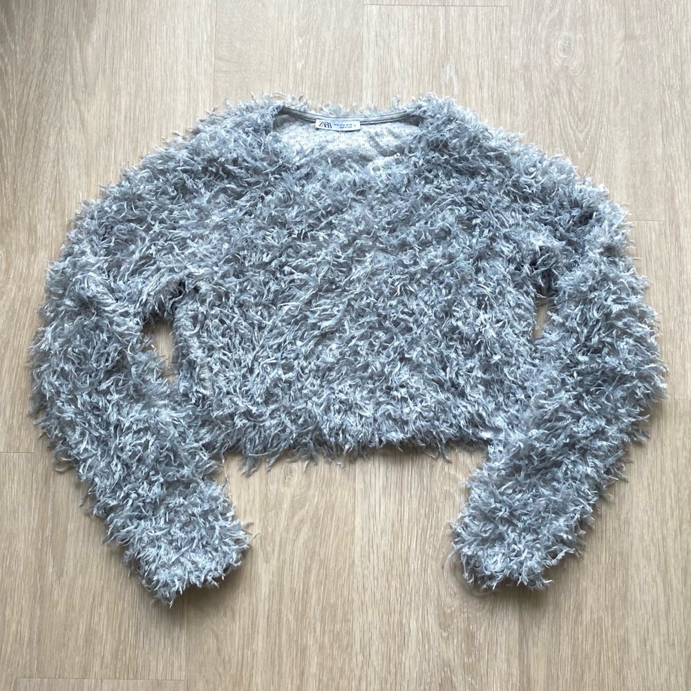 Zara Gray Feather Effect Long-Sleeve Crop Top
